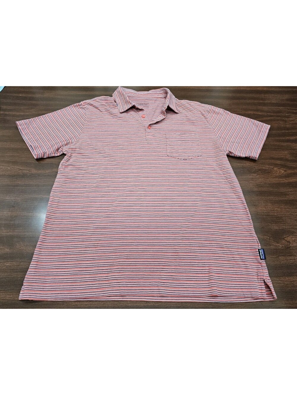 Patagonia Mens Medium Orange Striped 100% Organic Cotton Short Sleeve Polo Shirt